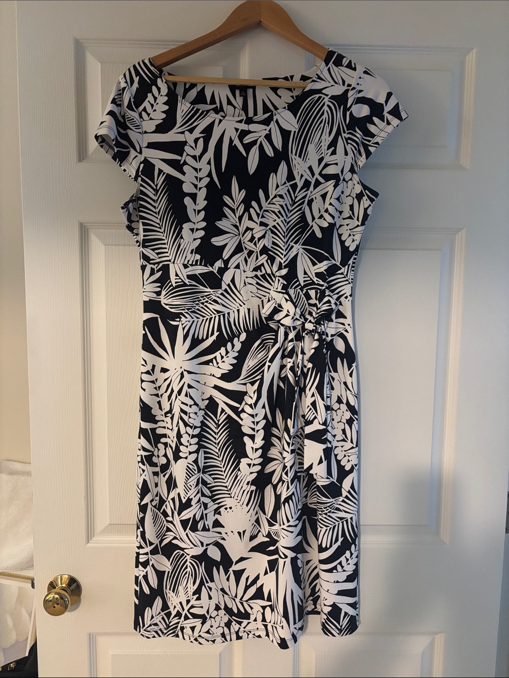 Talbots Black & White Leaf-Print Midi Dress